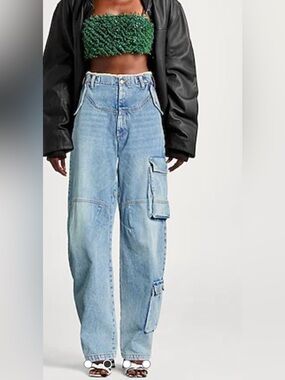 High-Rise Light Blue Wide-Leg Cargo Jeans